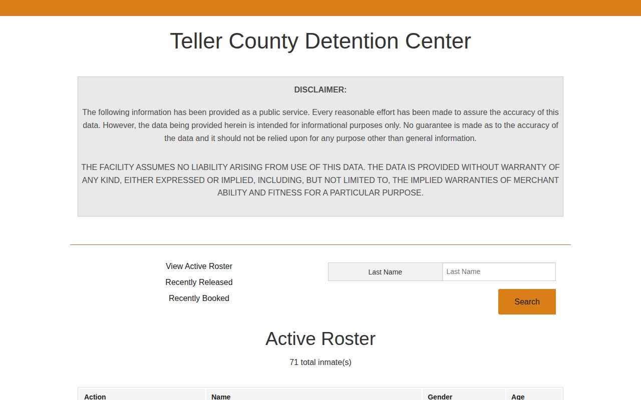 Colorado Teller County active and 72-hour jail roster search interface