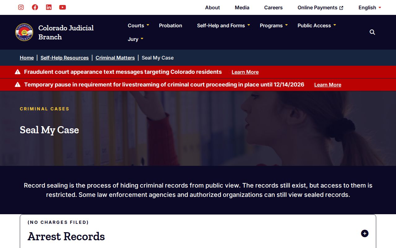 Colorado Judicial Branch sealing options for adult and nonconviction records