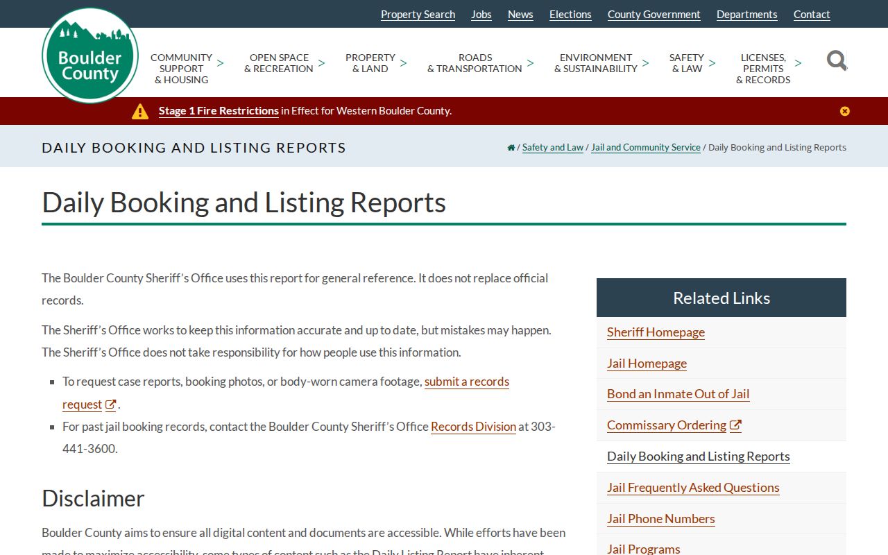 Colorado Boulder County daily booking and release dashboard without public photos
