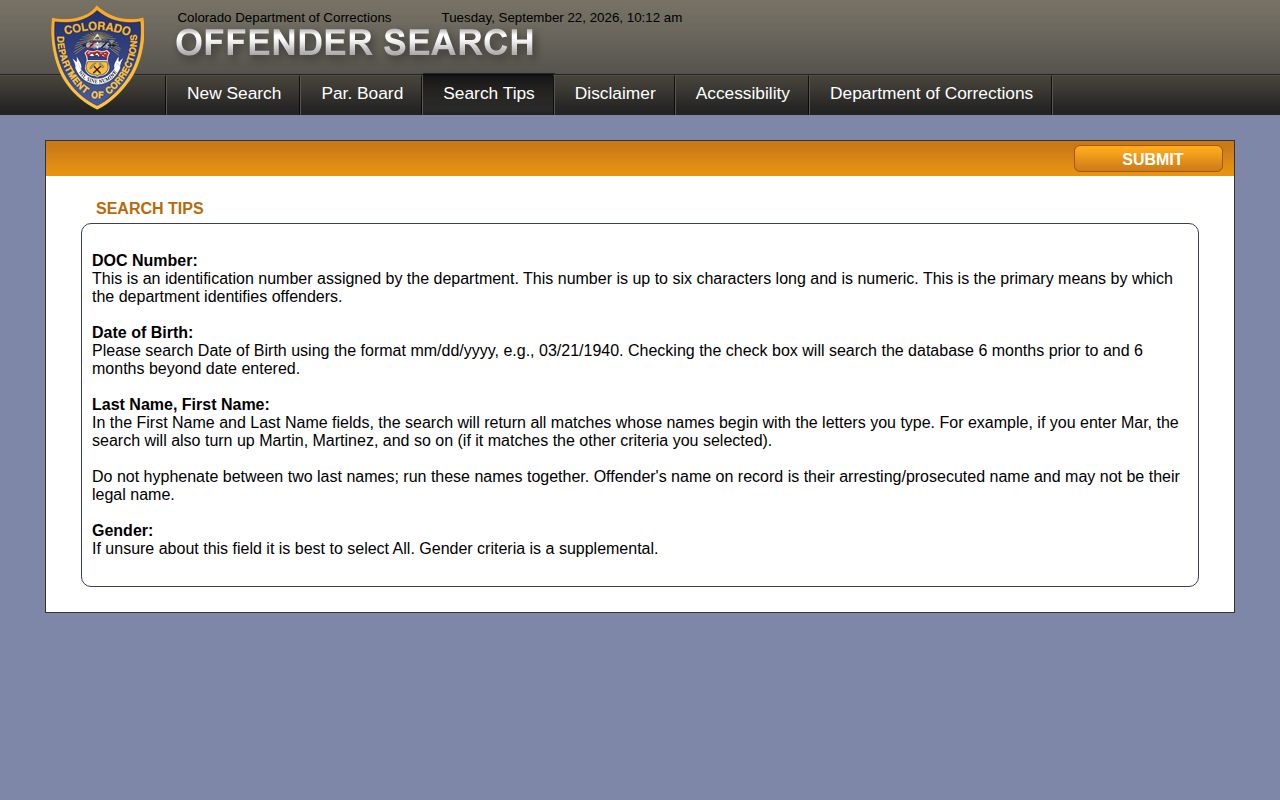 Colorado CDOC offender search tips for DOC number, name, gender, and date fields