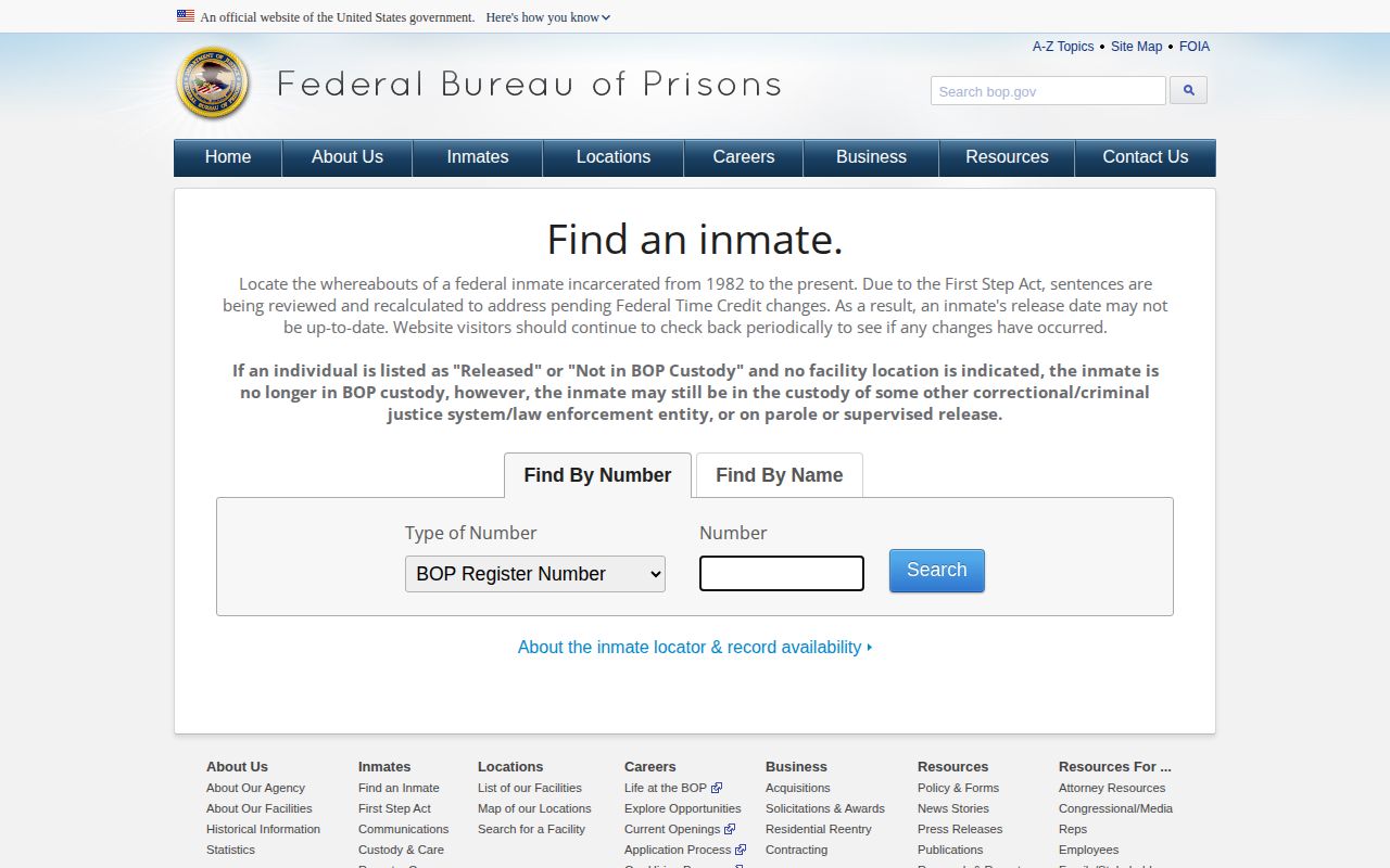 Colorado federal custody lookup example showing Bureau of Prisons locator fields