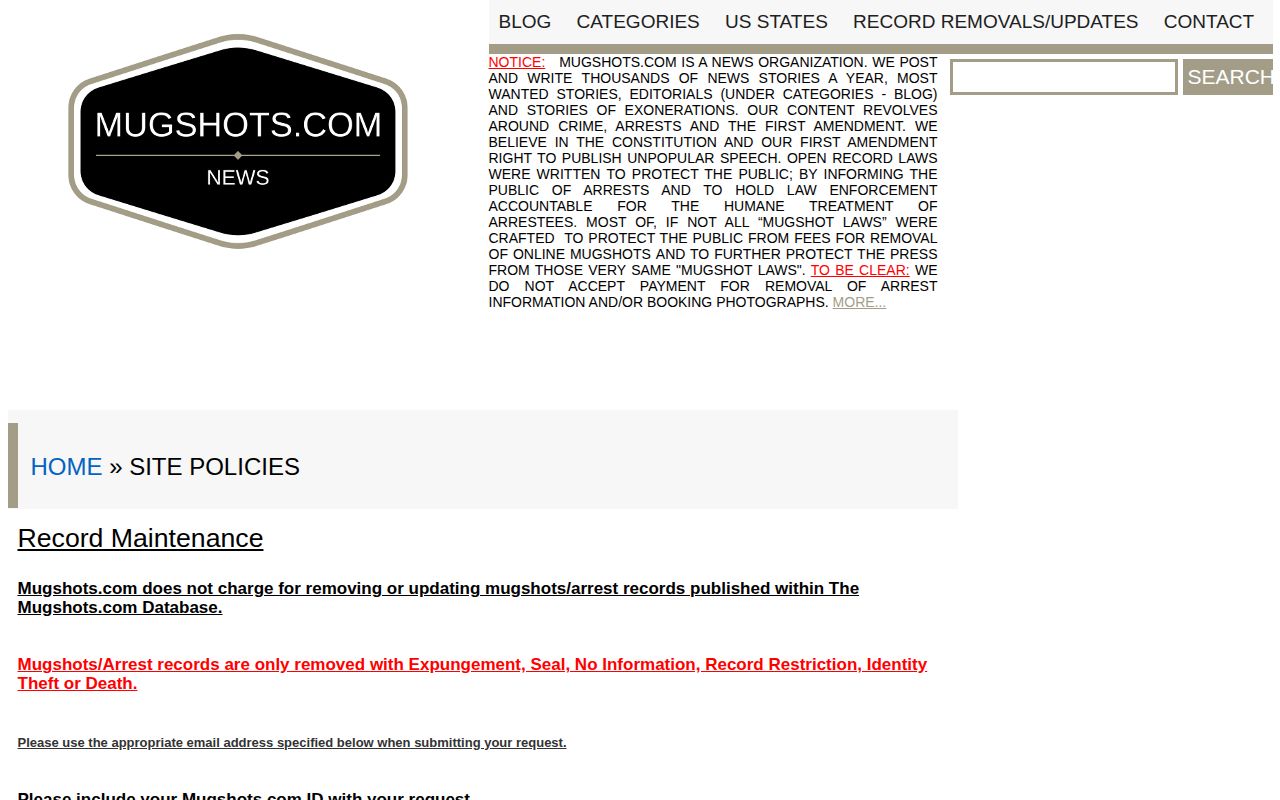 Colorado booking-photo publisher policy showing a free documentation review process