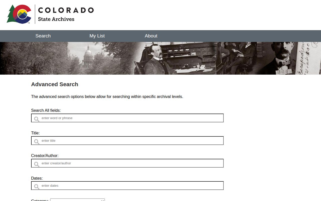 Colorado State Archives historical collection catalog and search interface