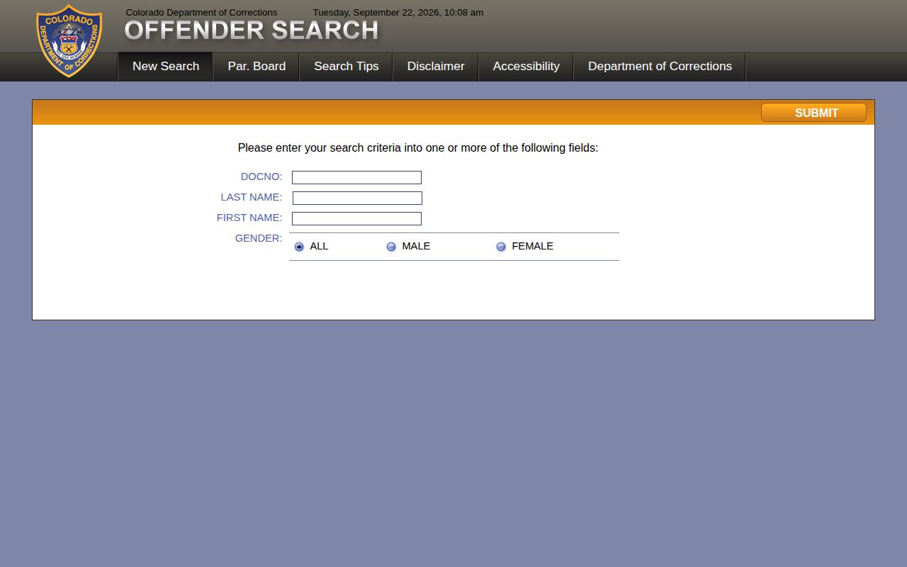 Colorado CDOC offender search form with official search fields and CAPTCHA