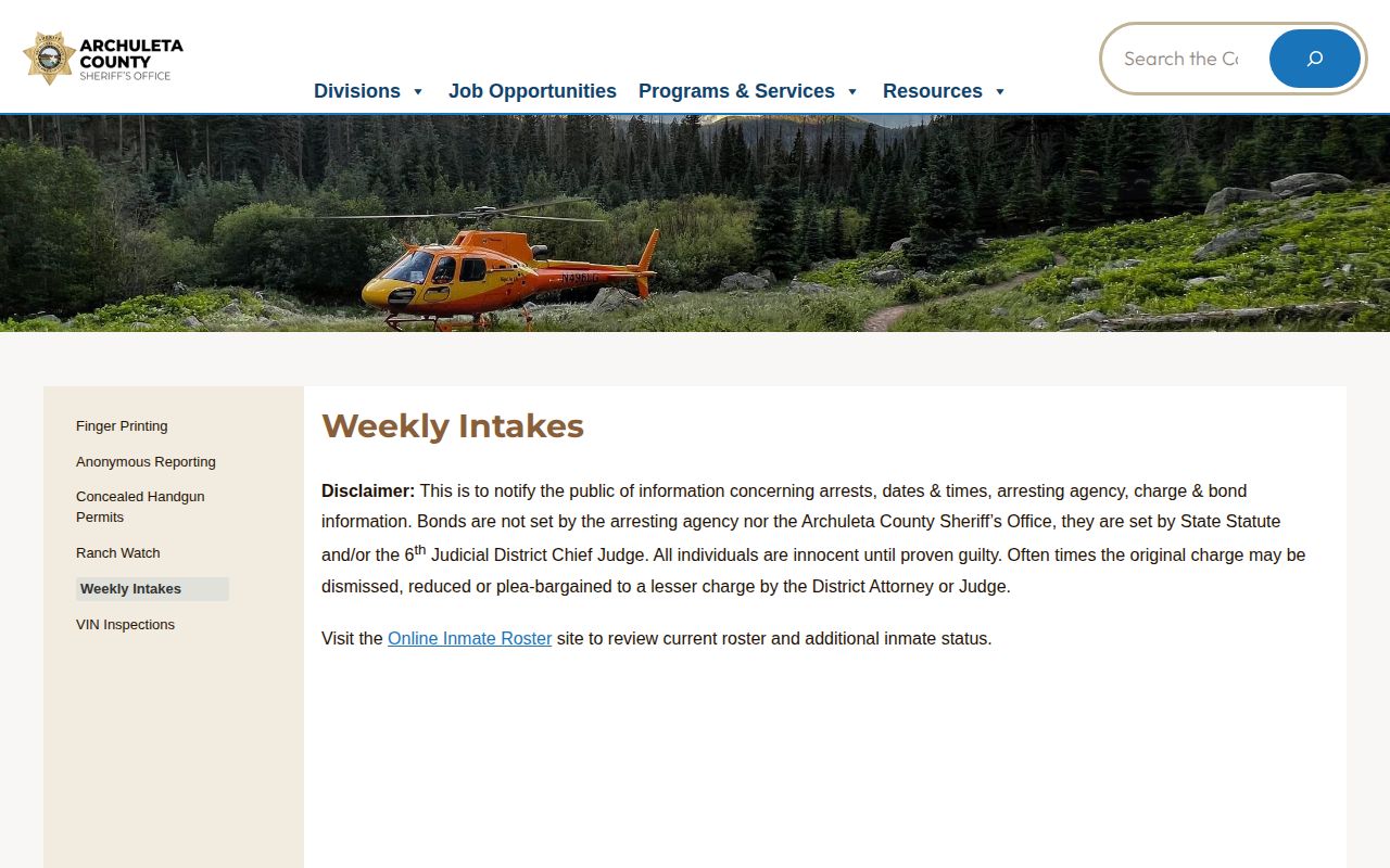 Colorado Archuleta County weekly booking intake report with booking photo records