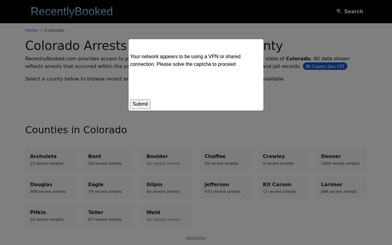 Unofficial Colorado third-party arrest index with past-30-days coverage label