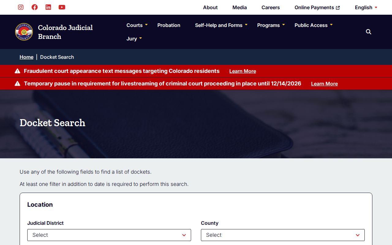 Colorado statewide judicial docket search interface for disposition follow-up
